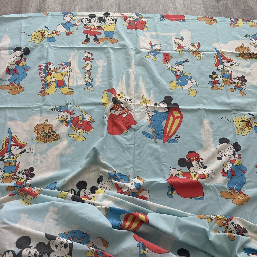 Vintage 80's Walt Disney Productions Twin Flat Sheet Blue Mickey Minnie Donald